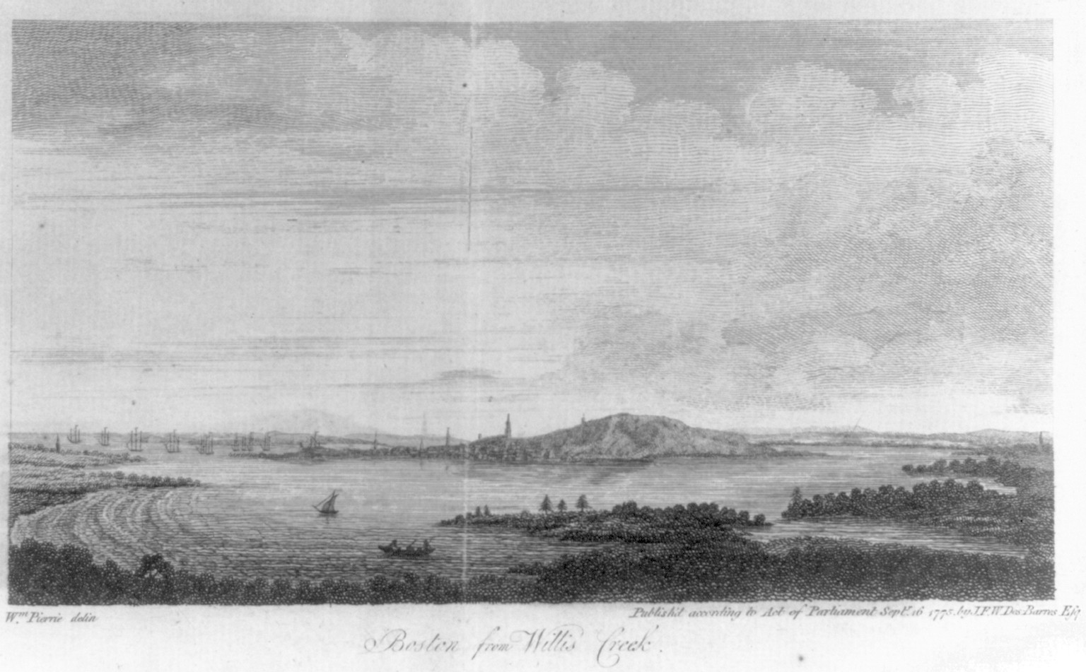 Boston from Willis Creek / Wm. Pierre delin., [London] : Publish'd according to Act of Parliament by J.F.W. DesBarres Esq., 1775 Septr. 16. — historic print