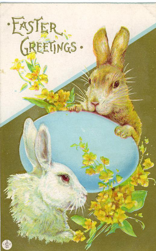 Easter Greetings postcard with two rabbits and a blue egg — vintage postcard
