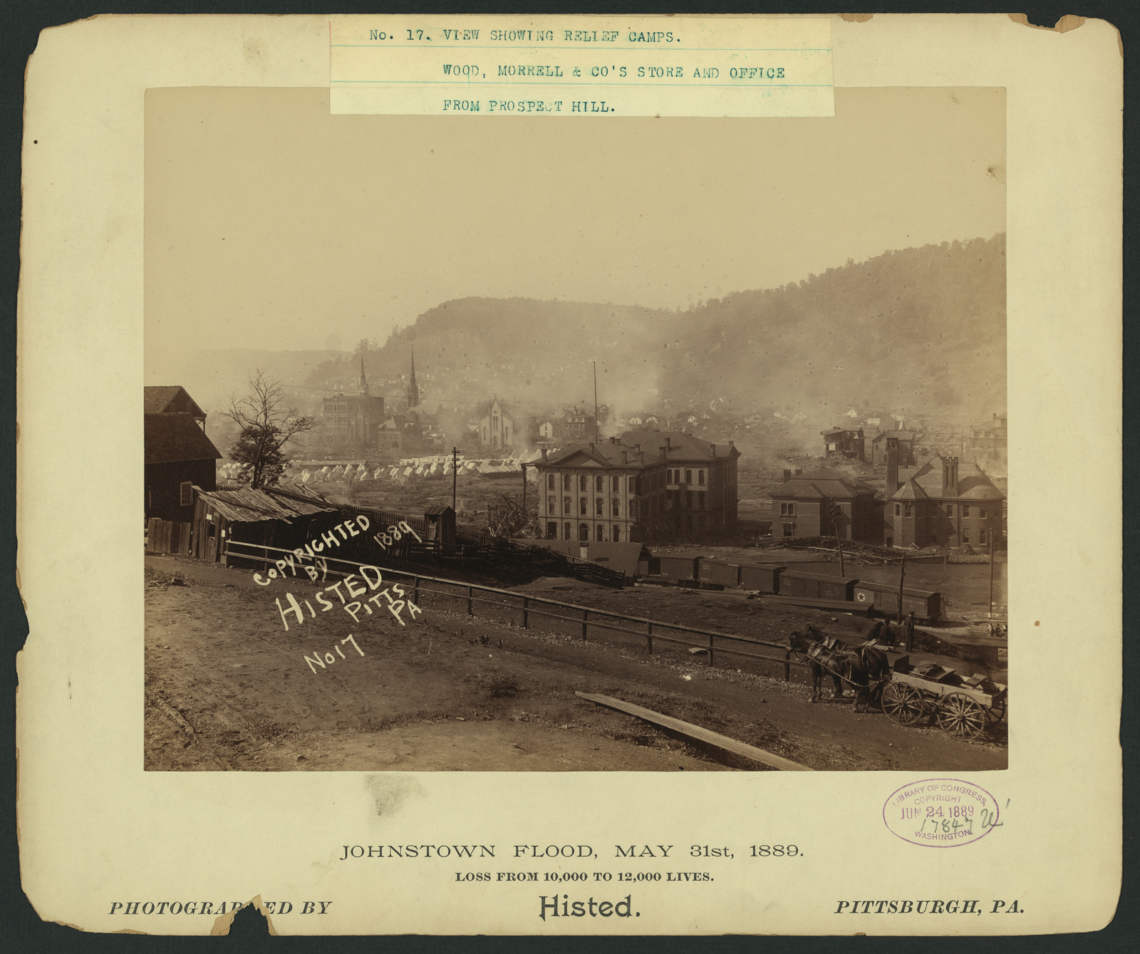 View showing relief camps; Wood, Morrell & Co.'s store; and office from Prospect Hill, Johnstown Flood, May 31st, 1889, c1889. — historic photograph