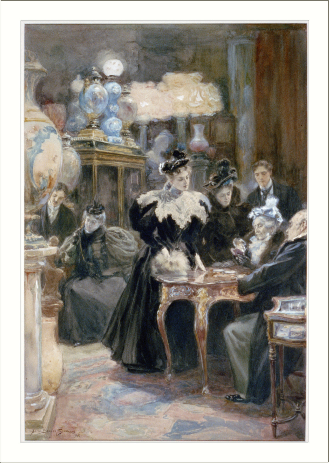 Watercolour of Victorian drawing room with lamps and seated company — historic drawing