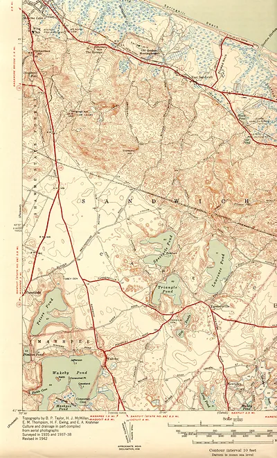 Topographic map of Sandwich and Mashpee, Massachusetts