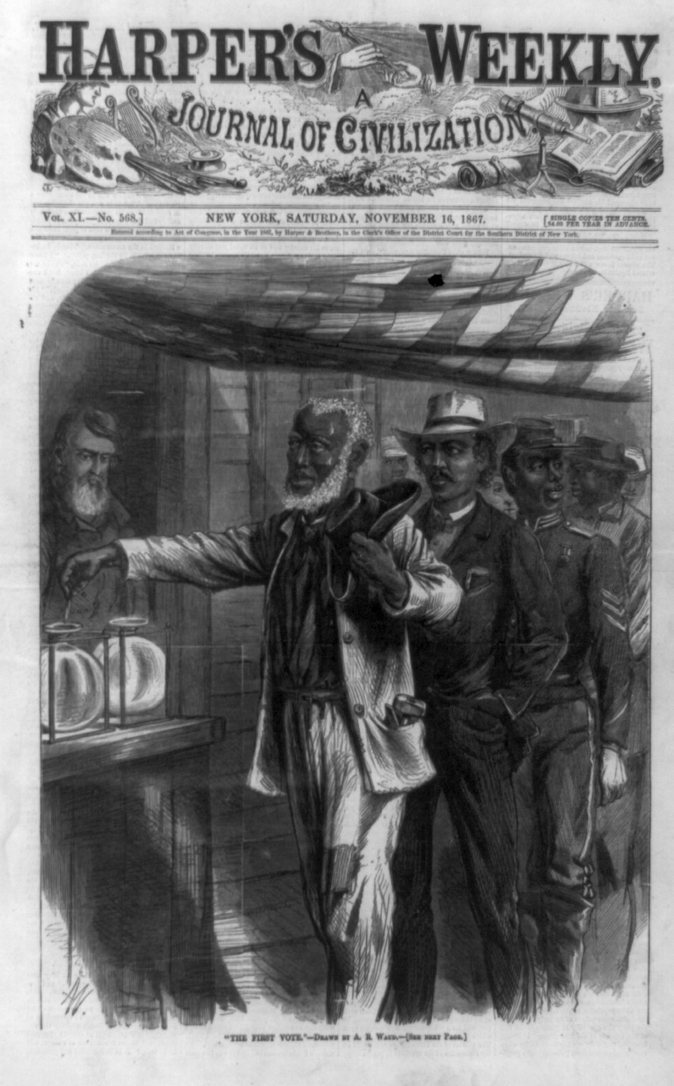 The first vote / drawn by A.R. Waud., 1867 Nov. 16. — antique engraving