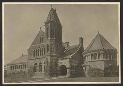 Woburn Public Library, Woburn, Massachusetts, sepia photograph of stone building