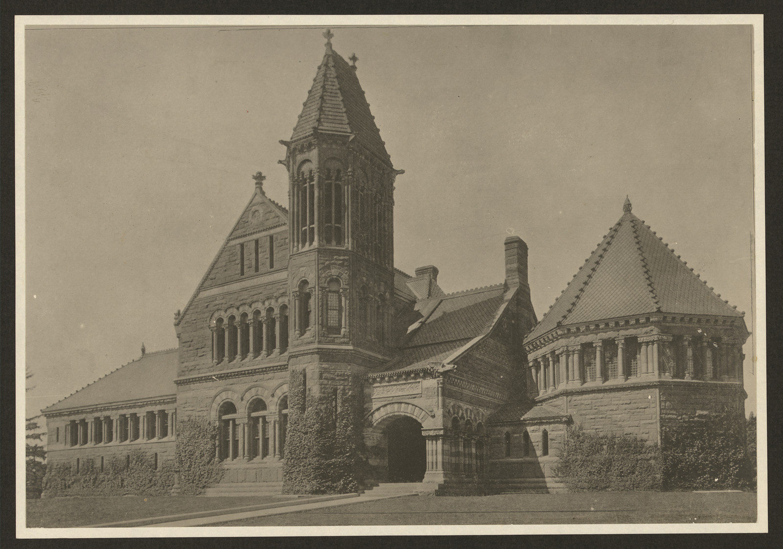 Woburn Public Library, Woburn, Massachusetts, sepia photograph of stone building — historic photograph