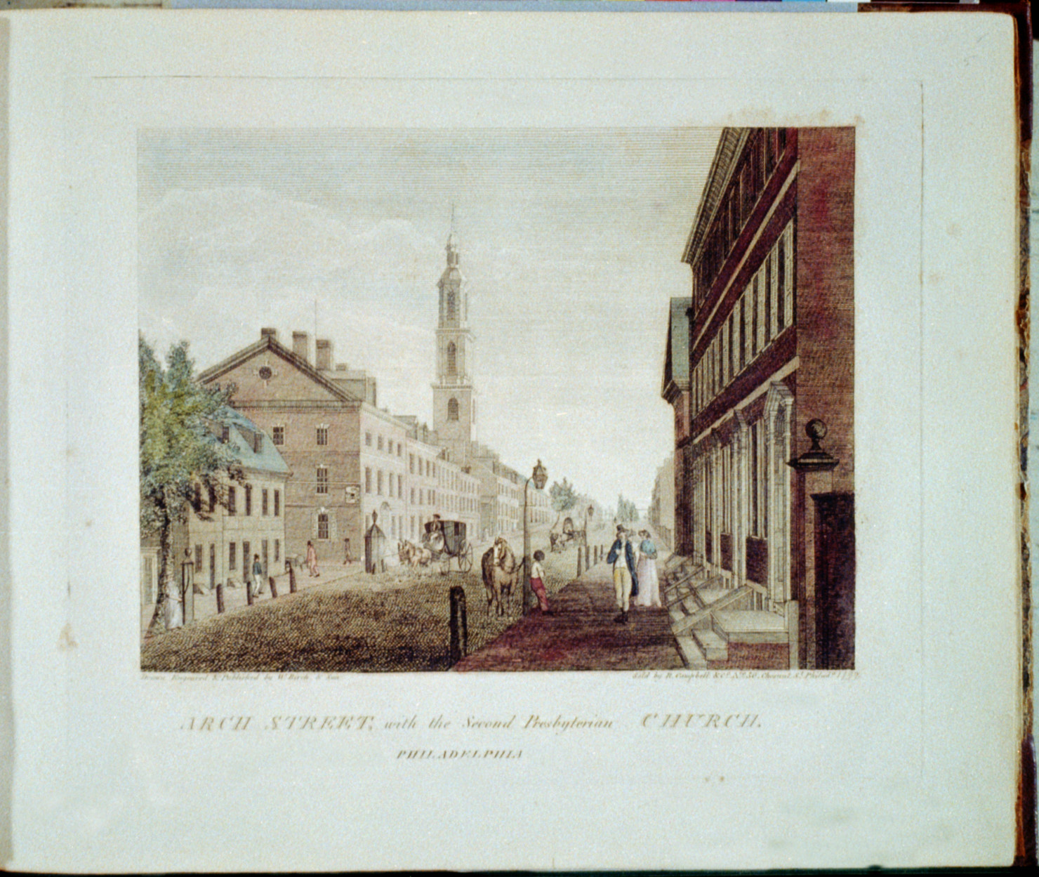 Arch Street, with the Second Presbyterian Church. Philadelphia, 1800 — antique engraving