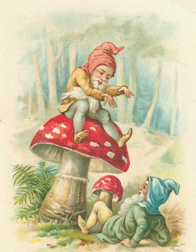Two gnomes on toadstools in a woodland scene — historic image