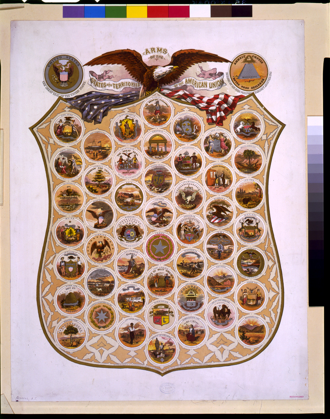 Arms of the states and territories of the American union, N[ew] Y[ork]: A.J. Connell Litho., c1876. — antique lithograph