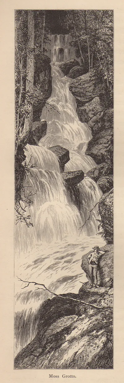 Moss Grotto waterfall with a man on rocks, wood engraving