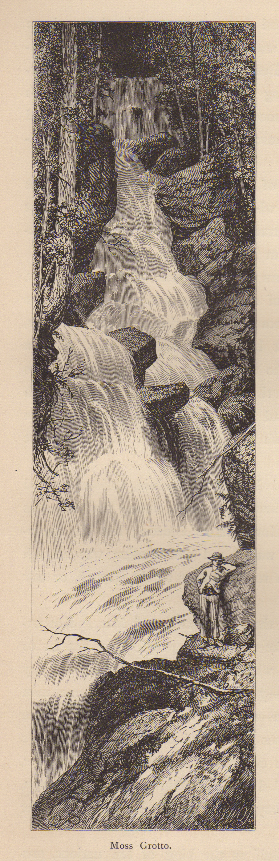 Moss Grotto waterfall with a man on rocks, wood engraving — antique engraving