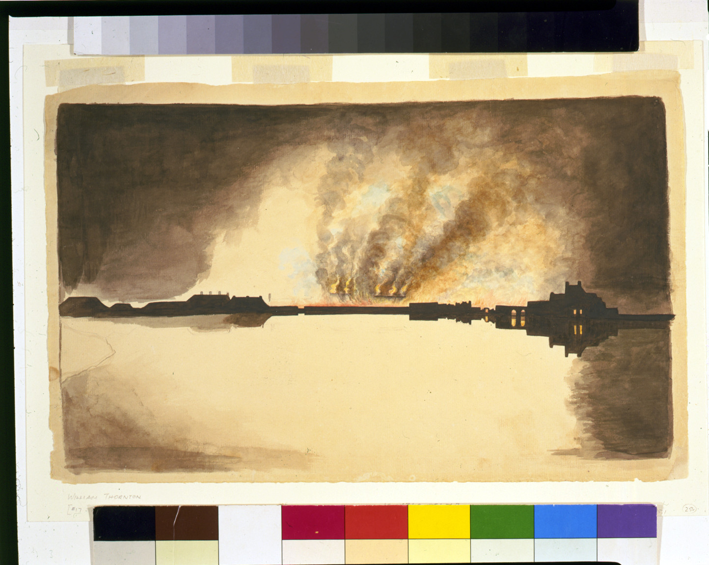 [Waterfront fire, probably burning of the Washington Navy Yard, 1814, Anacostia River, Washington, D.C.], [ca. 1815] — historic drawing