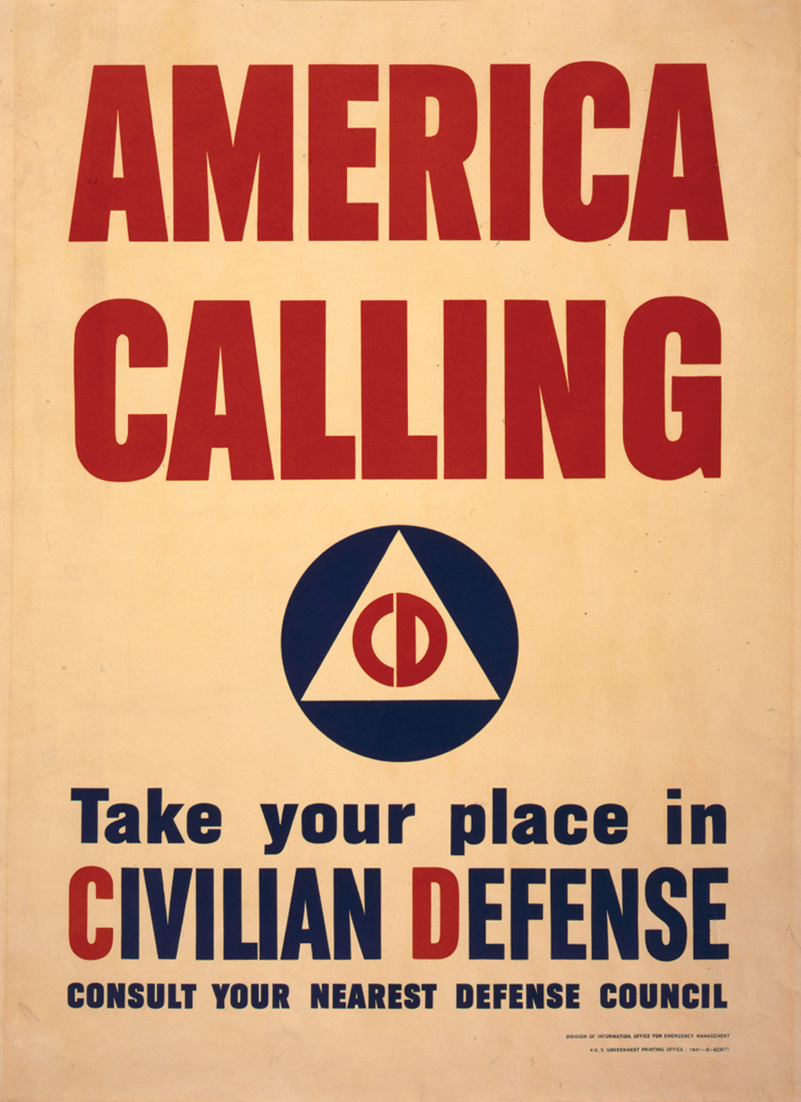 America Calling--Take Your Place In Civilian Defense--Consult Your Nearest Defense Council, c. 1941 — vintage poster