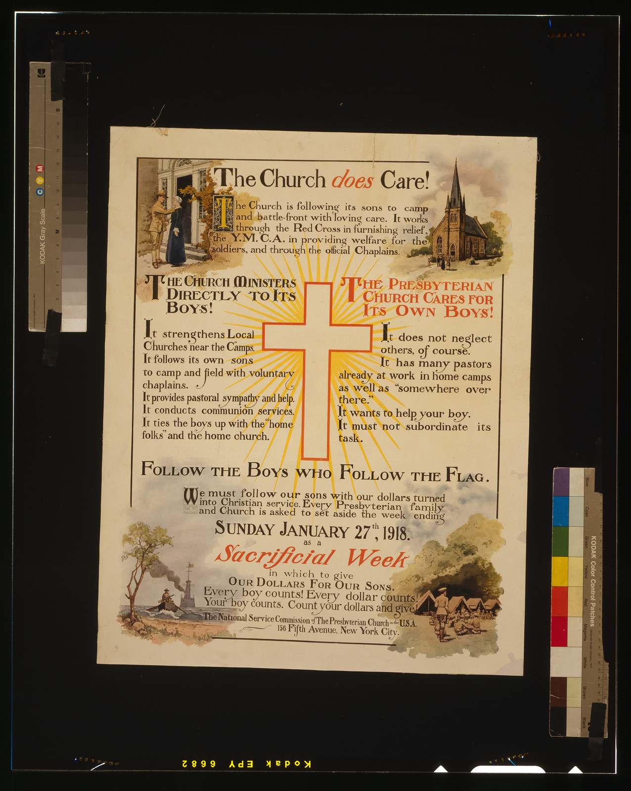 The Church does care! [...] Follow the boys who follow the flag [...] set aside the week ending Sunday January 27th 1918 as a sacrificial week [...]., 1918 — vintage poster