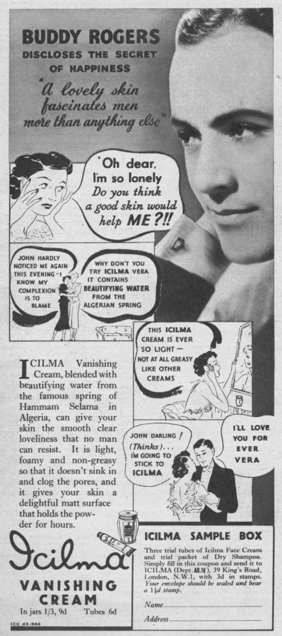 Icilma Vanishing Cream advertisement featuring Buddy Rogers — historic image