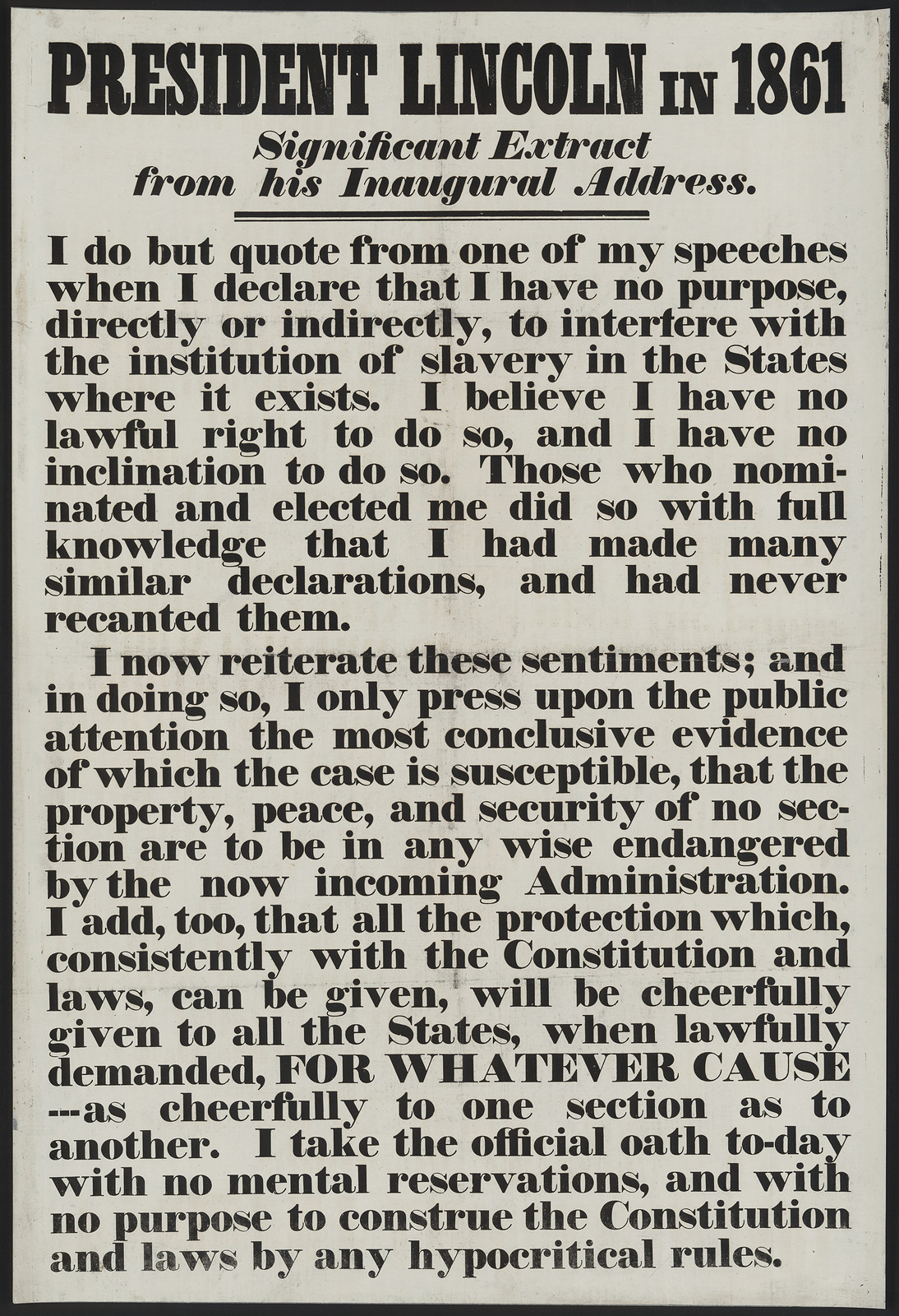 President Lincoln in 1861: Significant Extract from his Inaugural Address — historic image