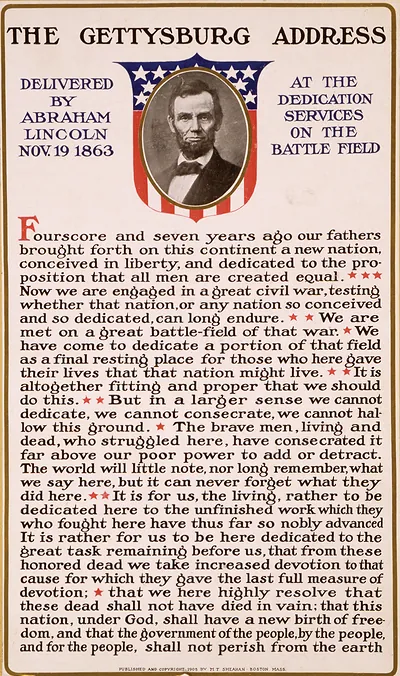 The Gettysburg address delivered by Abraham Lincoln Nov. 19 1863 at the dedication services on the battle field