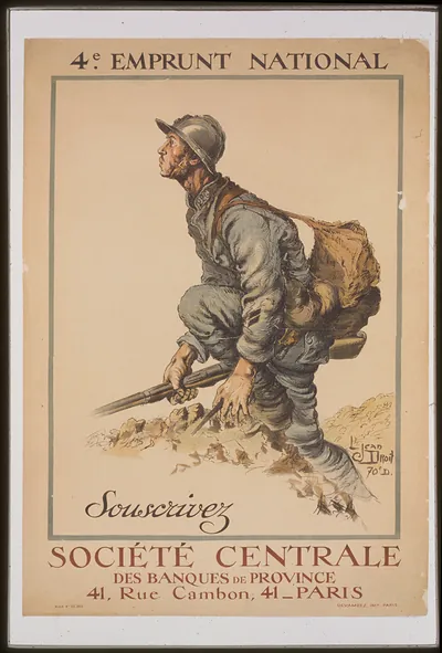 4e Emprunt National, French WWI war bond poster with soldier