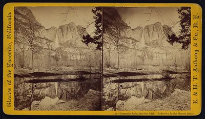 Yosemite Falls 2634 feet high. Reflection in the Merced River