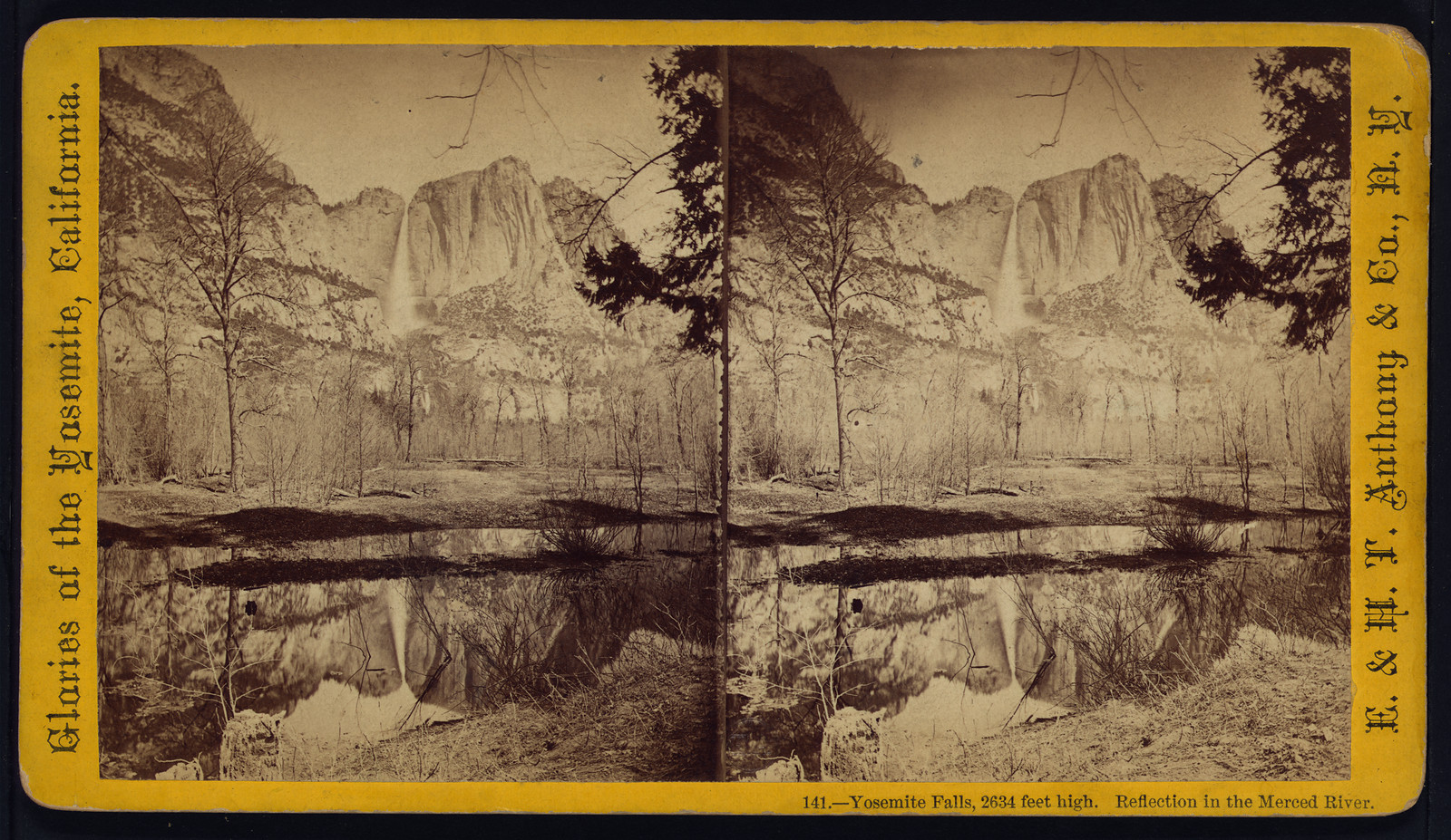 Yosemite Falls 2634 feet high. Reflection in the Merced River, 1875 — historic photograph