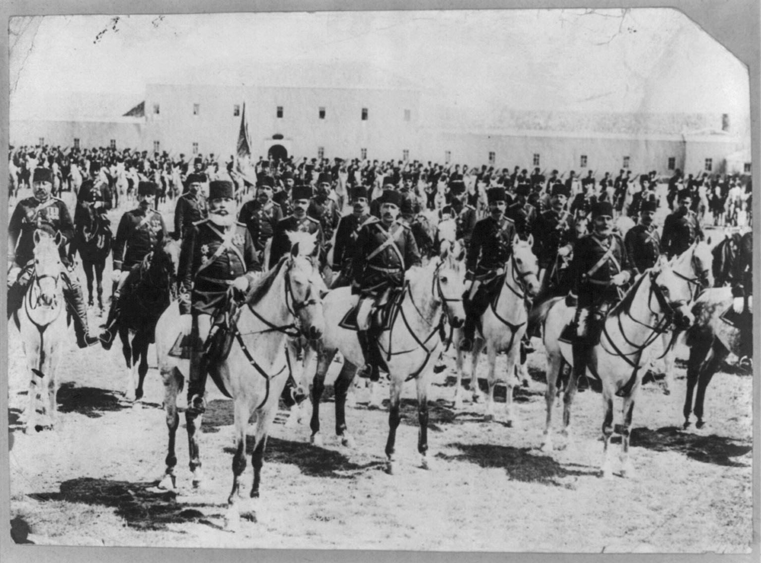 Large group of members of the Turkish Cavalry posed on horseback, [1912 or 1913] — historic photograph