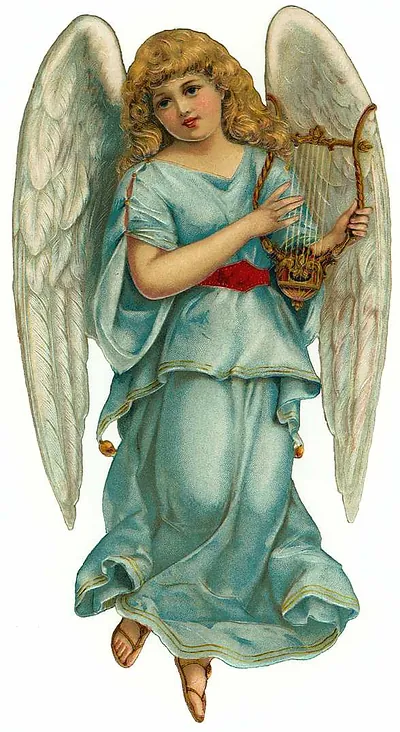 Victorian scrap angel with harp in blue robe