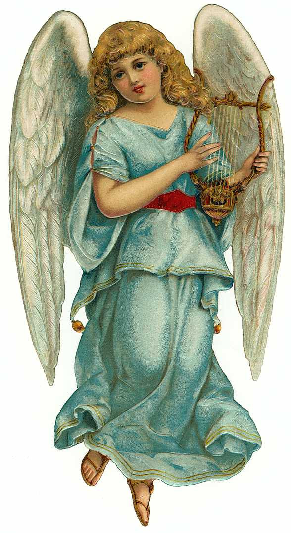 Victorian scrap angel with harp in blue robe — historic image