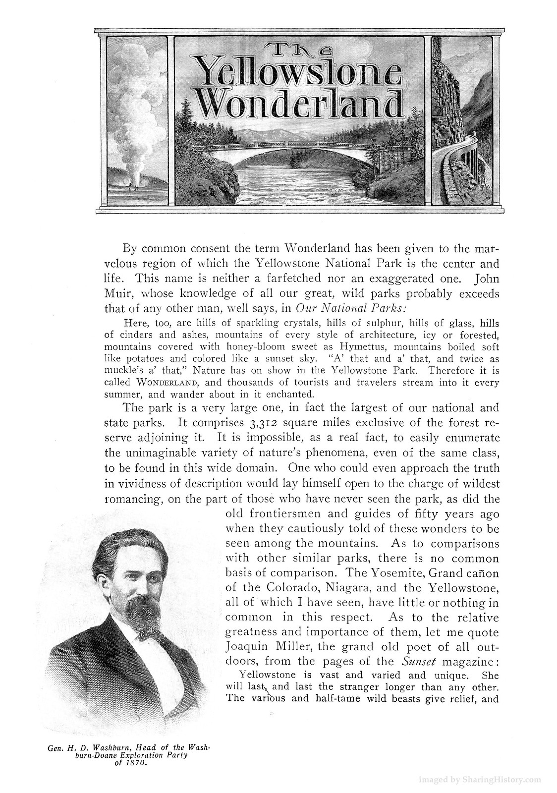 Yellowstone Wonderland book page with General Washburn portrait — historic image