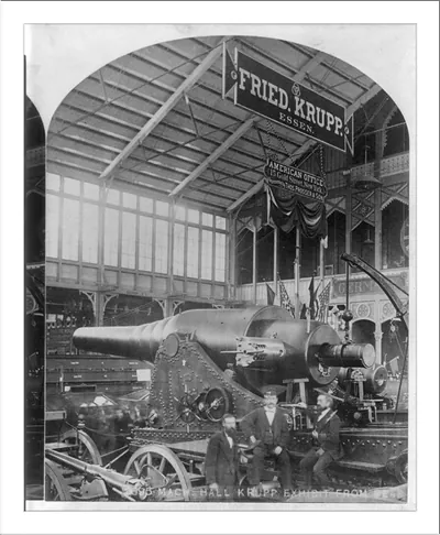 [Philadelphia Centennial Exhibition, 1876: Mach. Hall Krupp Exhibit from rear (showing large wheeled cannon)"]"