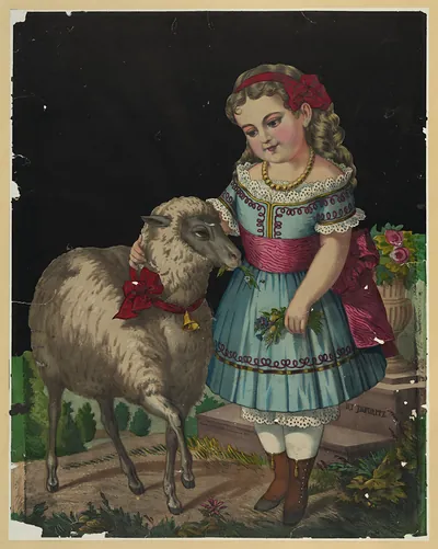 Girl in blue dress with a pet sheep, "My Favorite
