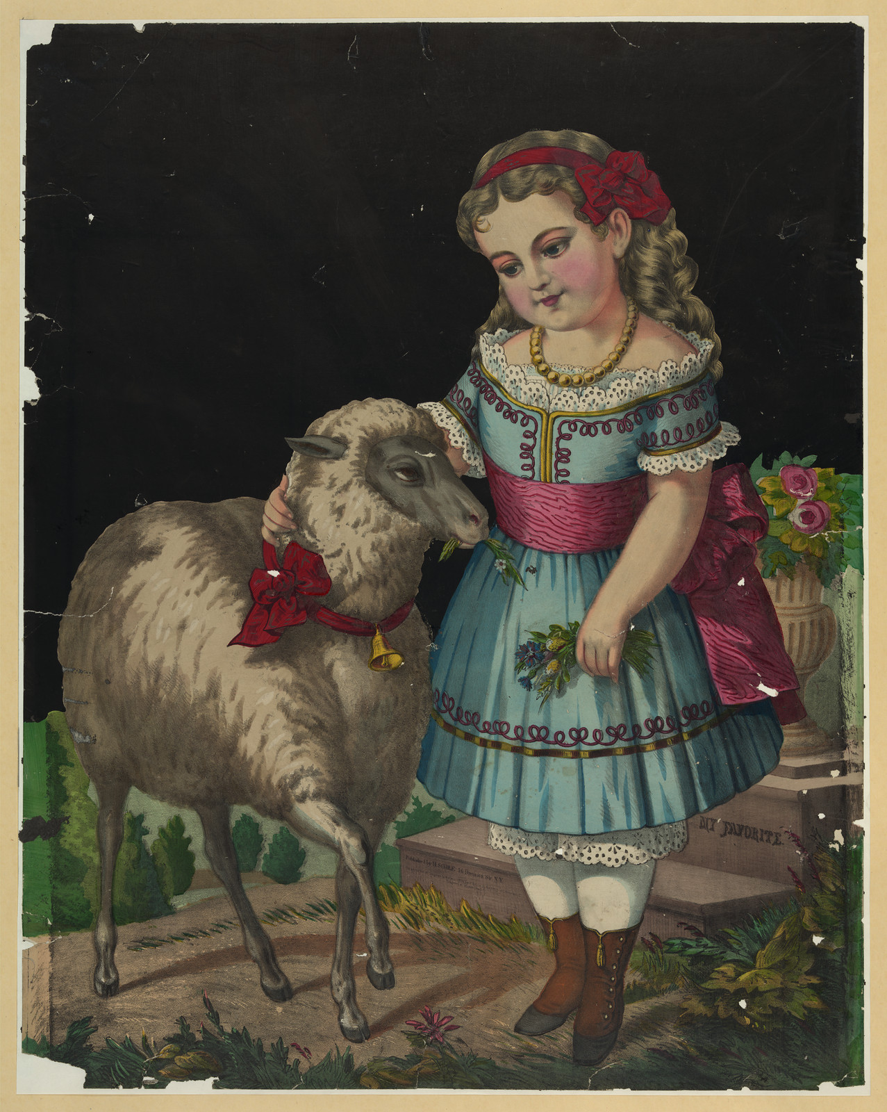 Girl in blue dress with a pet sheep, "My Favorite — historic image