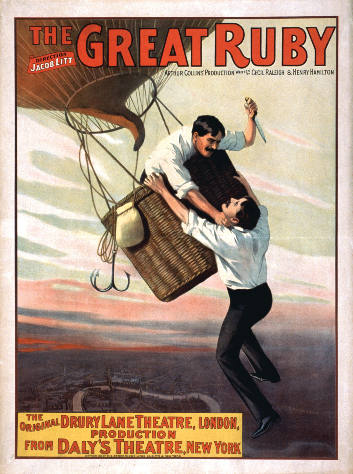 The Great Ruby theatre poster with balloon basket fight — vintage poster