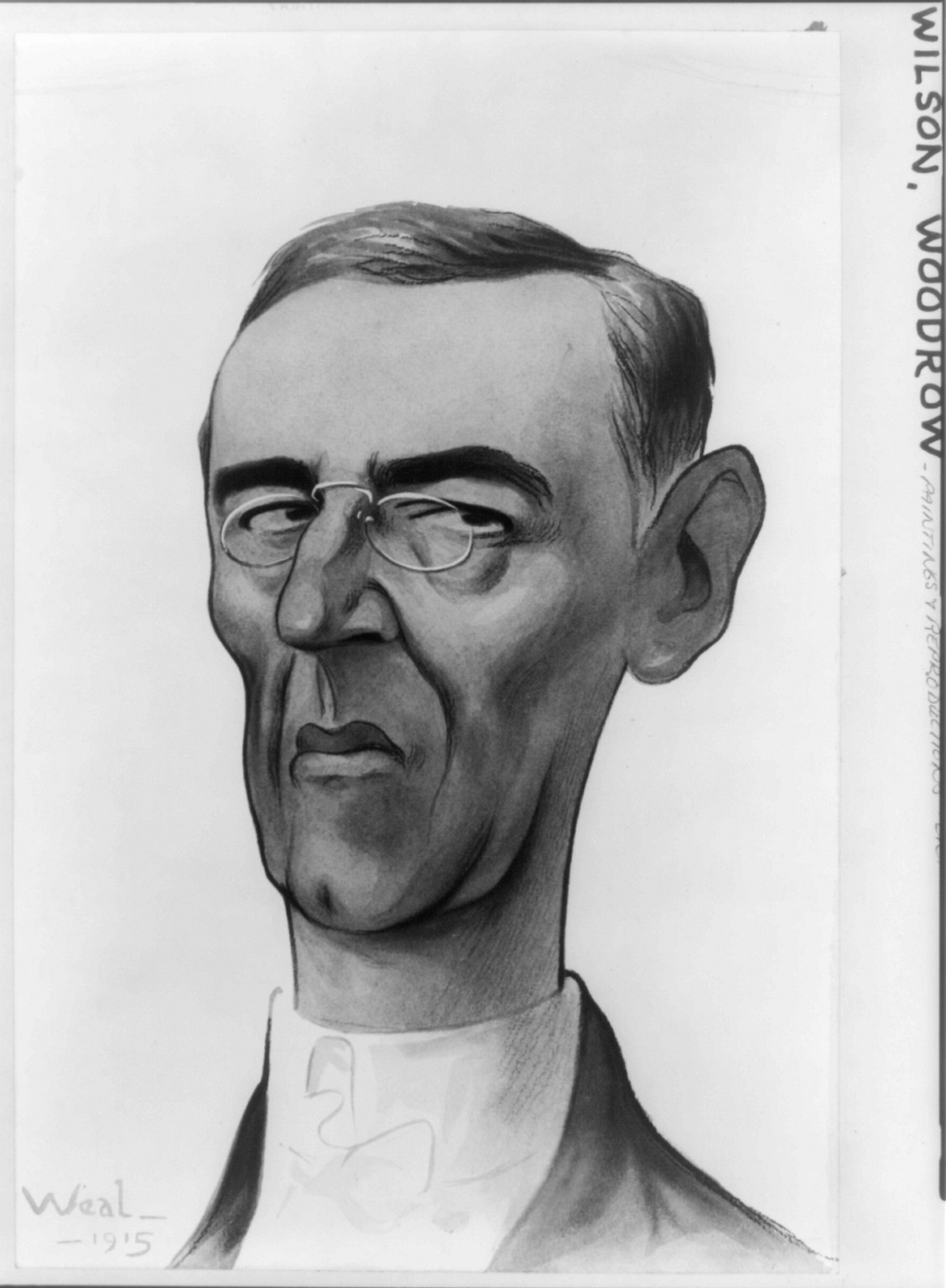 [Caricature of head-and-shoulders of Woodrow Wilson, with long face and large ears] / Weal., 1915 — historic print
