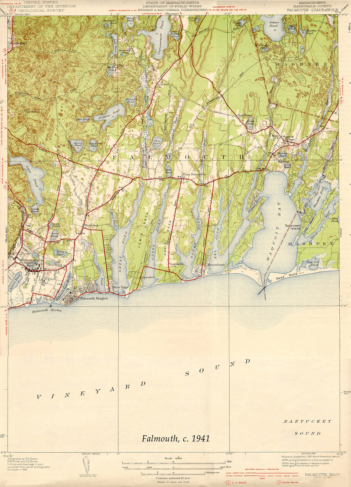 Falmouth USGS, Massachusetts, 1941, 1941 — antique map