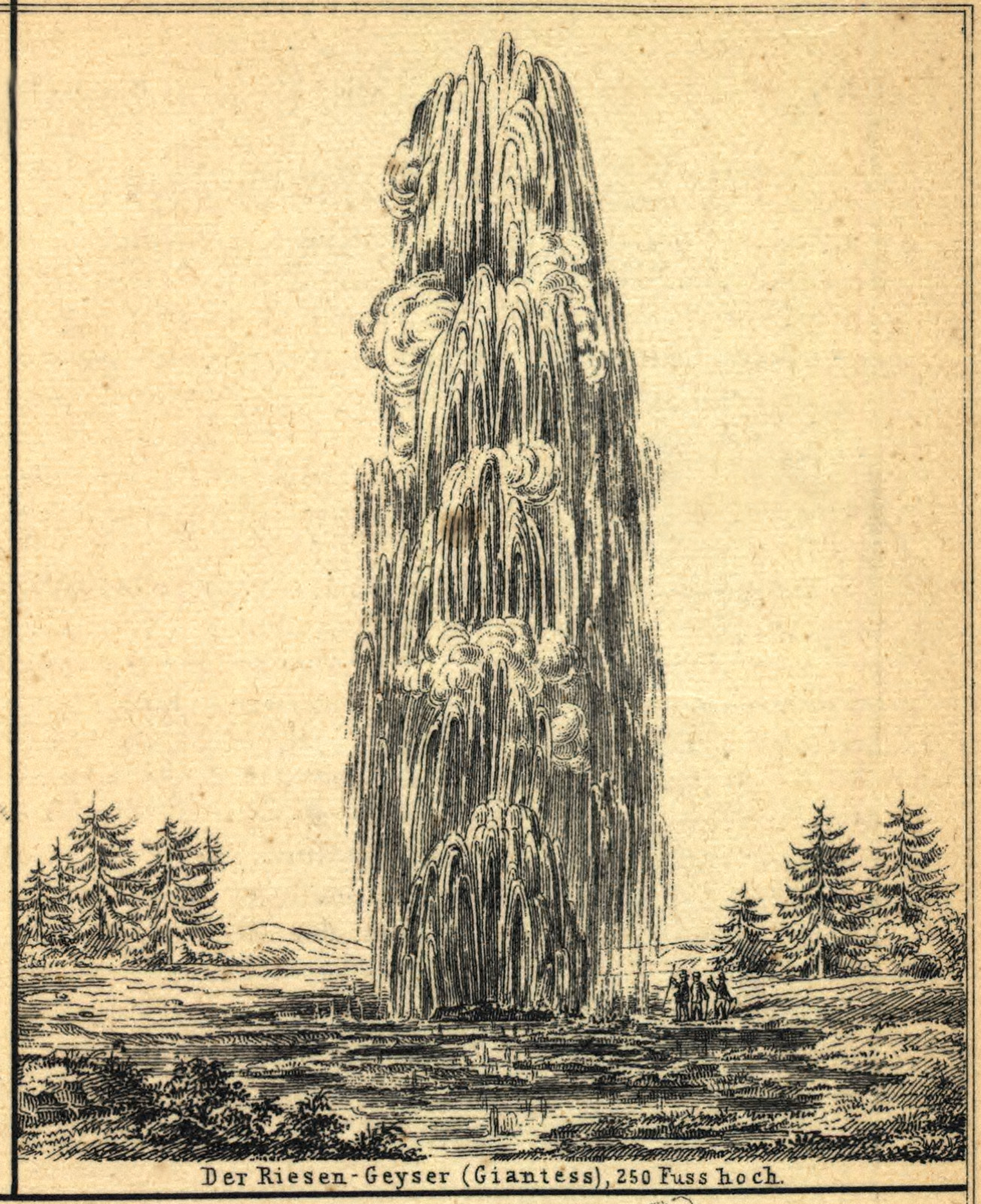 The Giantess Geyser eruption engraving, 250 feet high — antique engraving