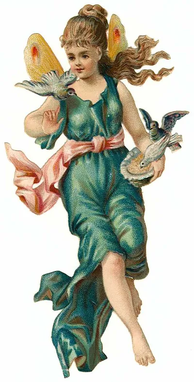 Victorian fairy with yellow wings holding two birds