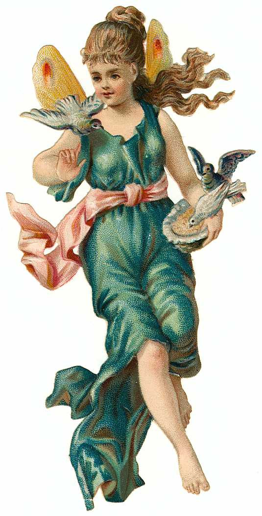 Victorian fairy with yellow wings holding two birds — historic image
